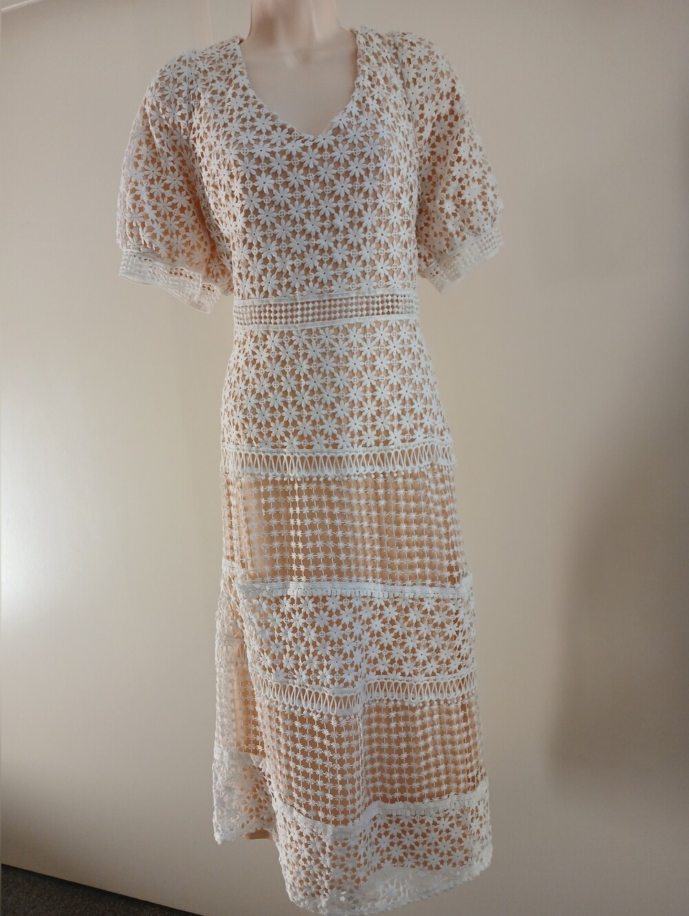 Lulus My Dearest White Crochet Lace Midi Dress XL Nude Lined Bridal Shower